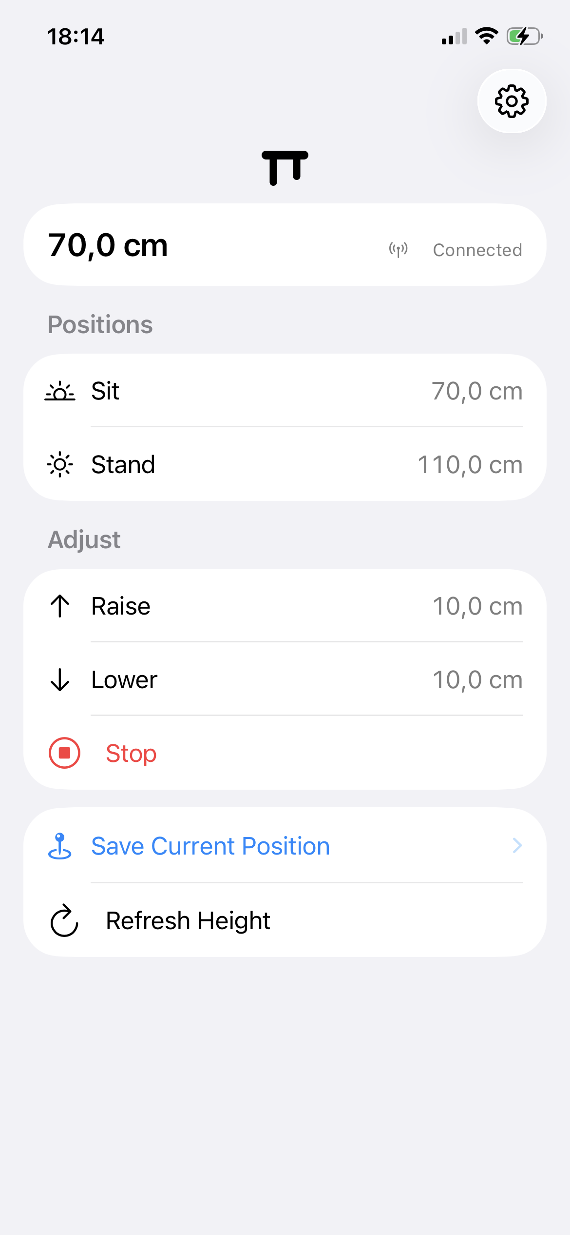 Standing Desk app controller showing Sit, Stand, Raise, Lower, and Stop controls